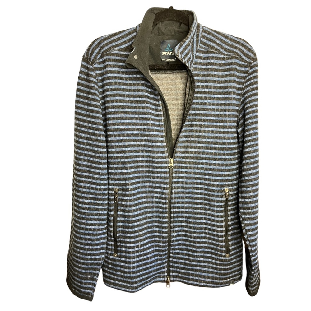 PrAna Men’s Sz Medium Barclay Blue Striped Wool Blend Knit Full Zip Sweater